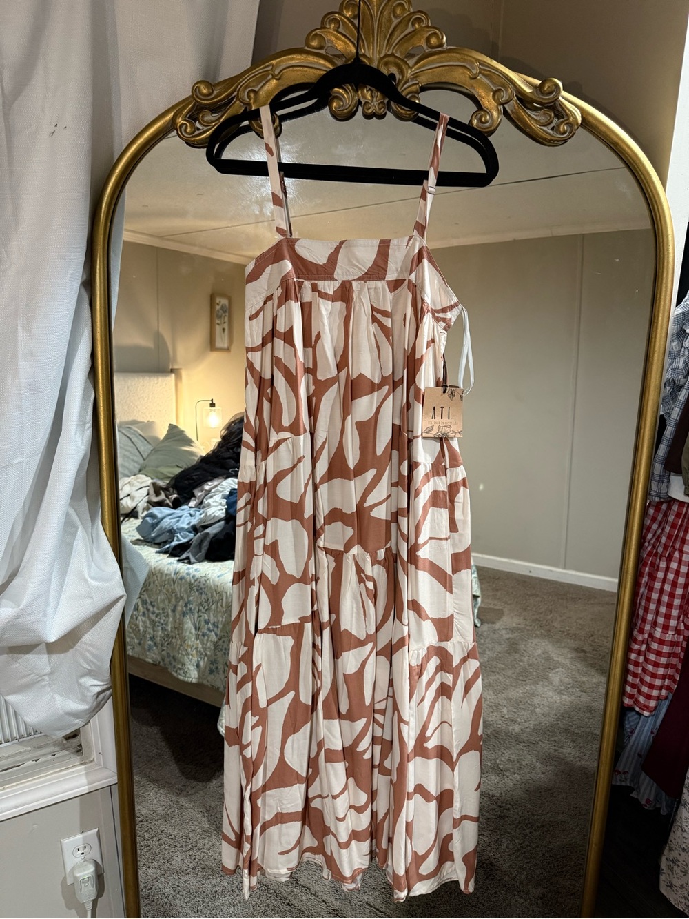 Spaghetti-Strap Maxi Dress in Brown & White Abstract Print